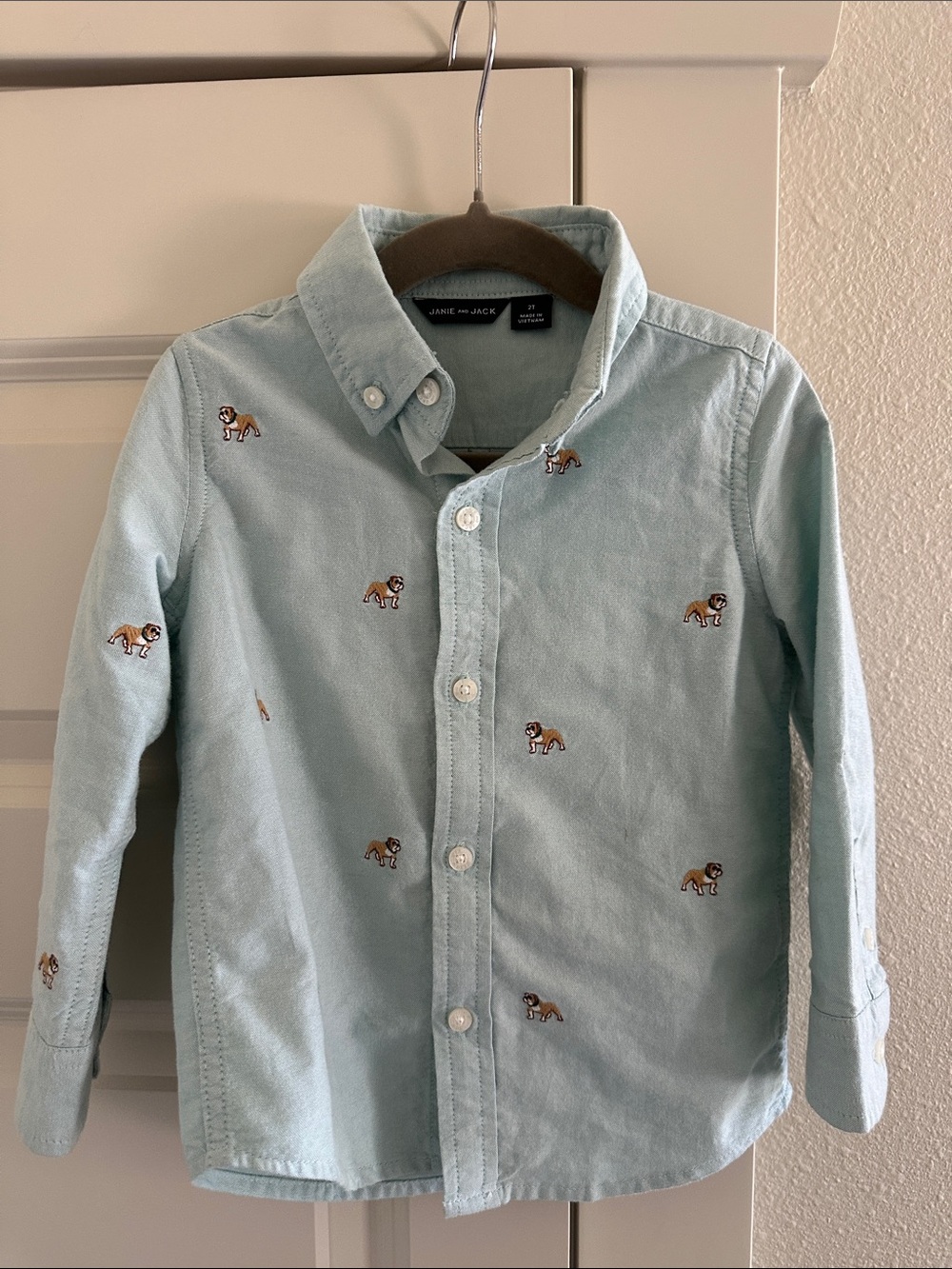 Janie and Jack Mint Blue Button-Down Shirt with Embroidered Puppies - 2T